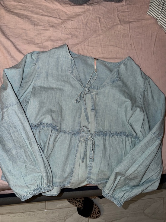 Free People Tops - FREE PEOPLE Light Blue Denim Tie-Front Peplum Top NWOT